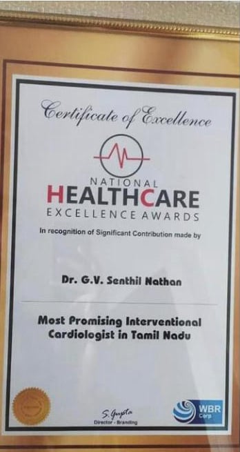National Healthcare Excellence Awards certificate: Most Promising Interventional Cardiologist in Tamil Nadu, awarded to Dr. G.V. Senthil Nathan
